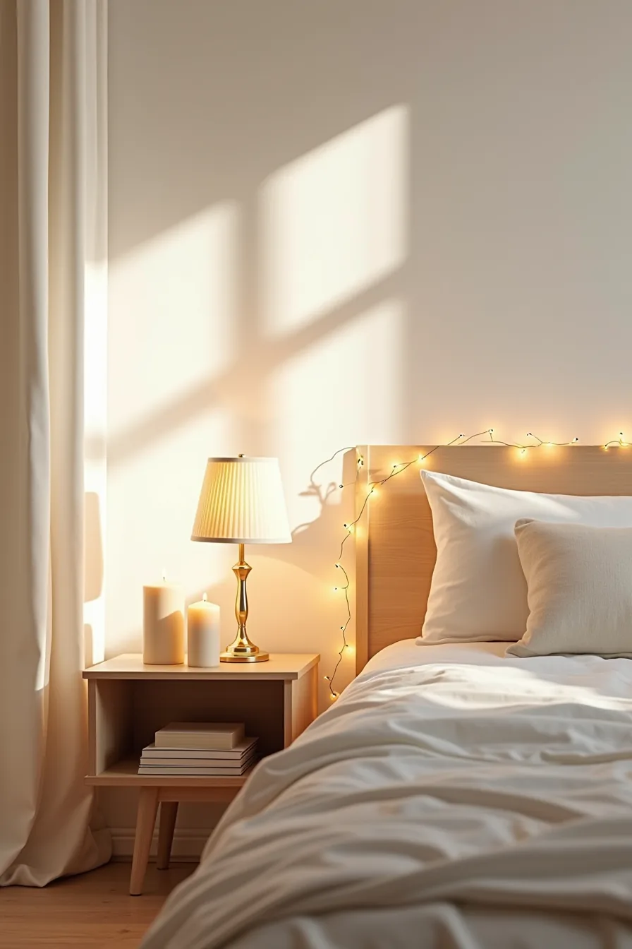 Lit brass table lamp, cream pillar candles, and warm fairy lights strung along a headboard at dusk.