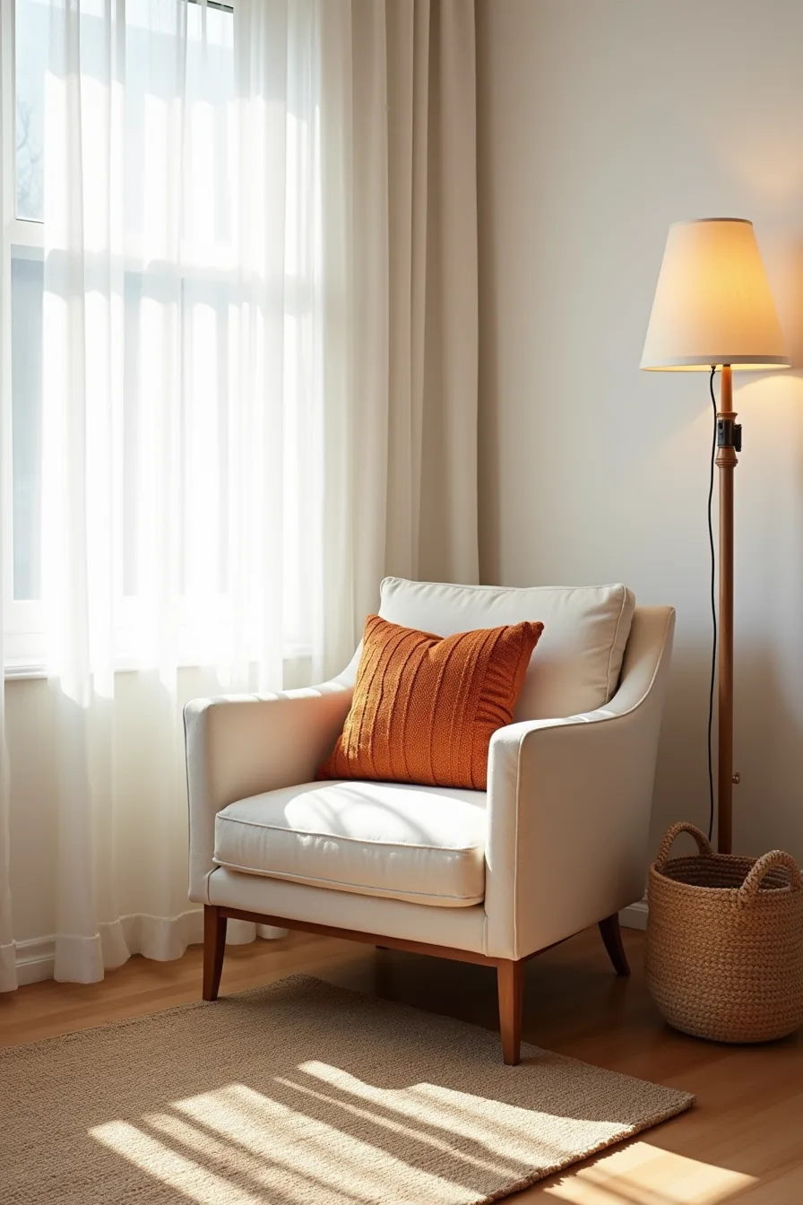 Cream armchair with rust knit cushion, taupe wool rug, and woven jute basket in a textured living room corner.