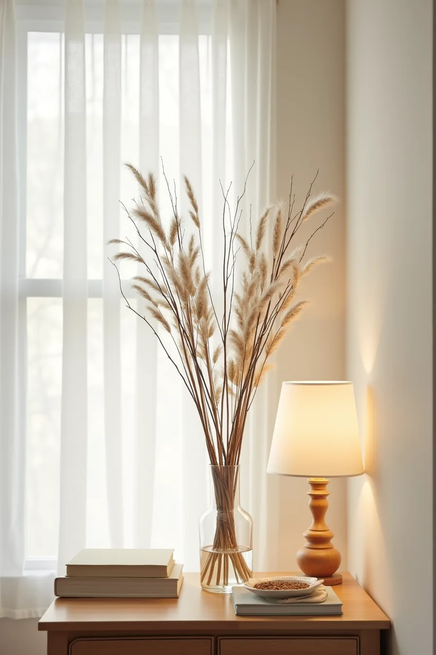 Dried pampas grass, seed pods, and branches arranged in a clear glass cylinder vase on a console table.