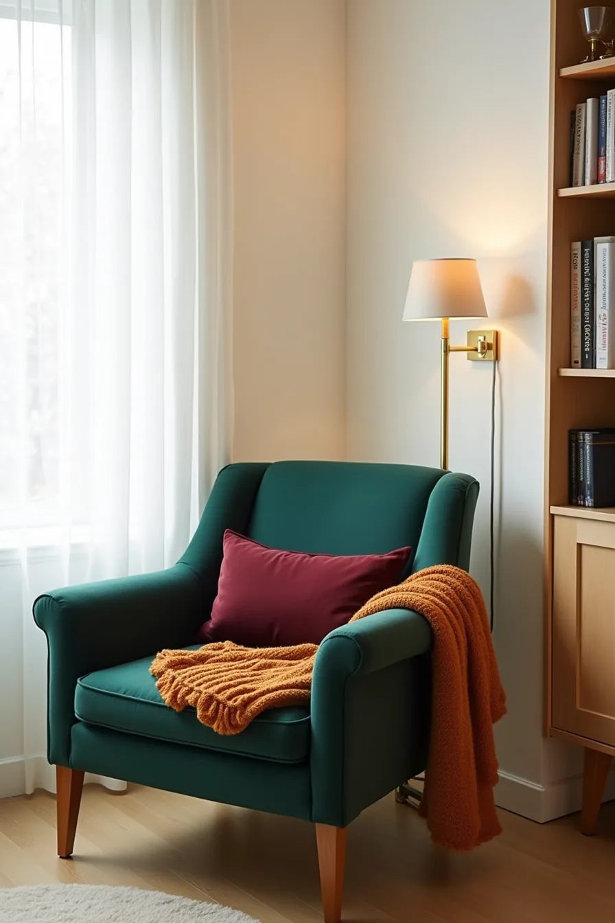 Deep emerald dining chair with burgundy velvet pillow and amber knit throw draped over the backrest.