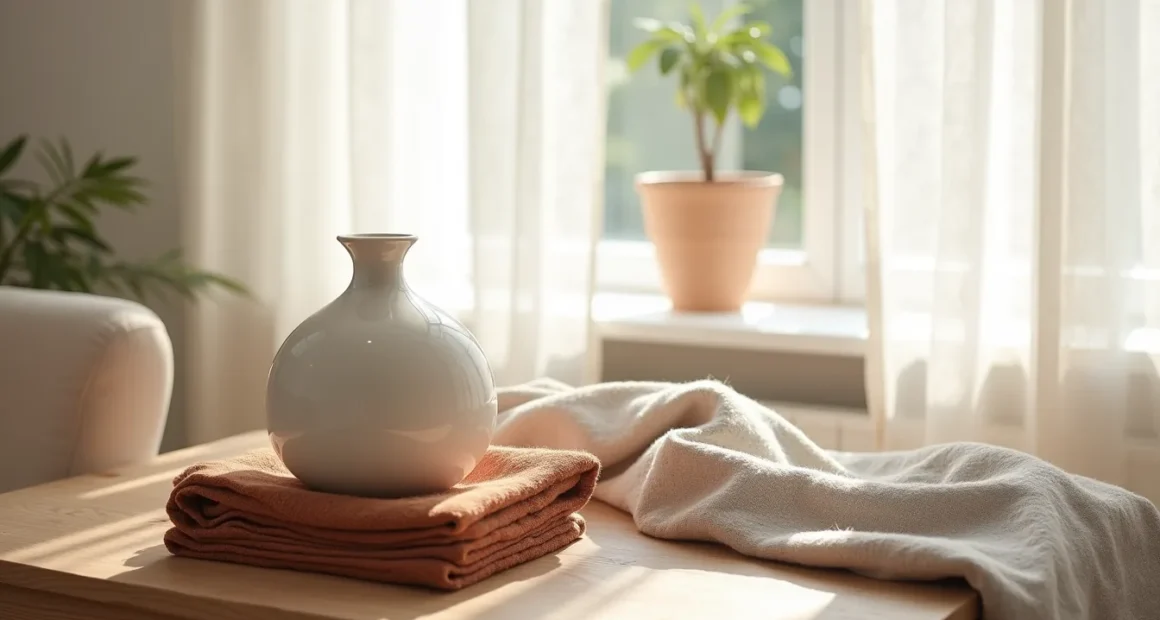 Cream ceramic vessel, folded rust wool throw, and taupe napkin arranged on a linen-covered wooden side table with soft