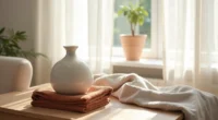 Cream ceramic vessel, folded rust wool throw, and taupe napkin arranged on a linen-covered wooden side table with soft