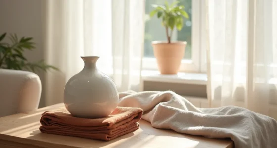 Cream ceramic vessel, folded rust wool throw, and taupe napkin arranged on a linen-covered wooden side table with soft