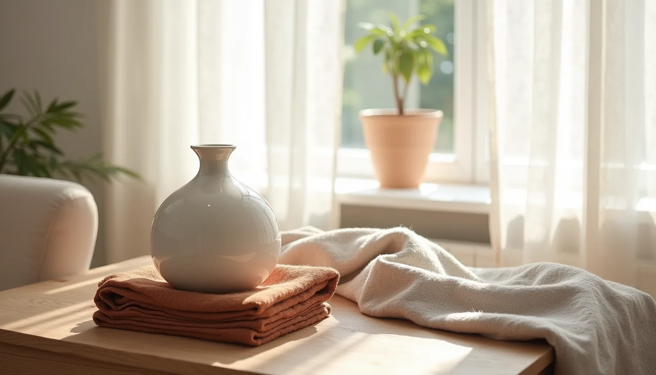 Cream ceramic vessel, folded rust wool throw, and taupe napkin arranged on a linen-covered wooden side table with soft