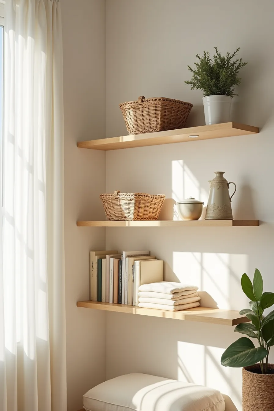 Woven storage baskets, ceramic container, folded cream linens, and potted plant displayed on open wall shelving.