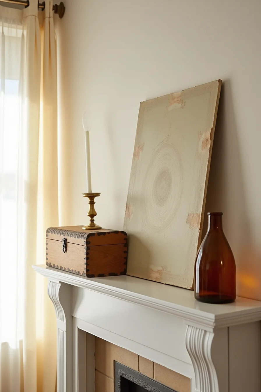 Worn brass candlestick, wooden box, amber glass bottle, and faded oil painting arranged on a mantelpiece.