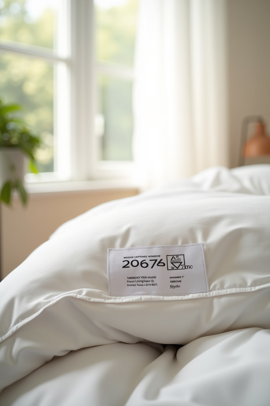 Care tag on duvet cover showing thread count, fiber content, washing instructions, and return information.