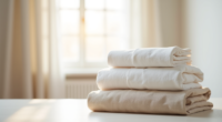 Three folded sheet sets stacked showing different fabric textures: cotton percale, microfiber, and linen.