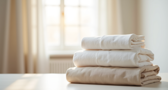 Three folded sheet sets stacked showing different fabric textures: cotton percale, microfiber, and linen.