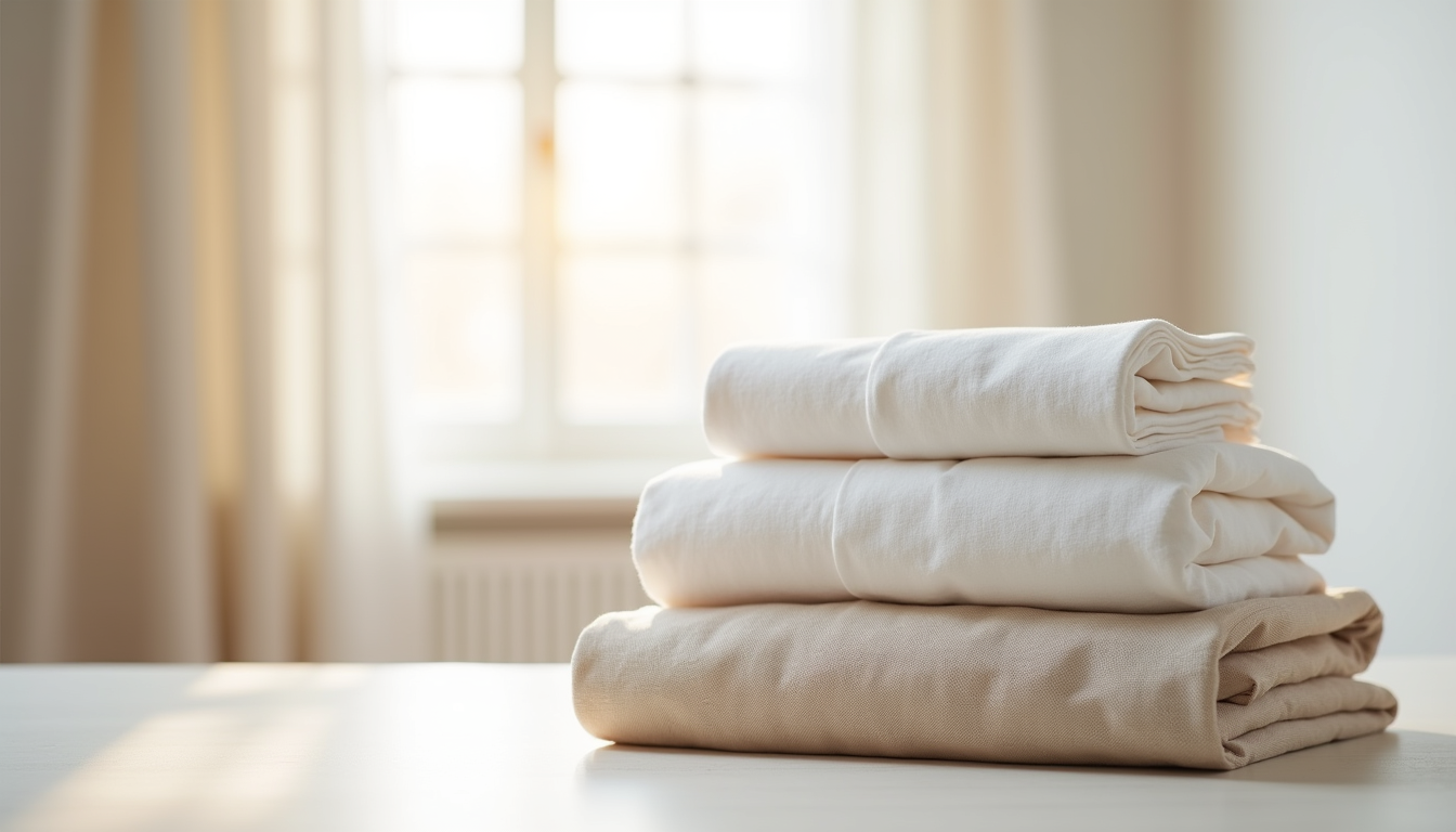 Three folded sheet sets stacked showing different fabric textures: cotton percale, microfiber, and linen.