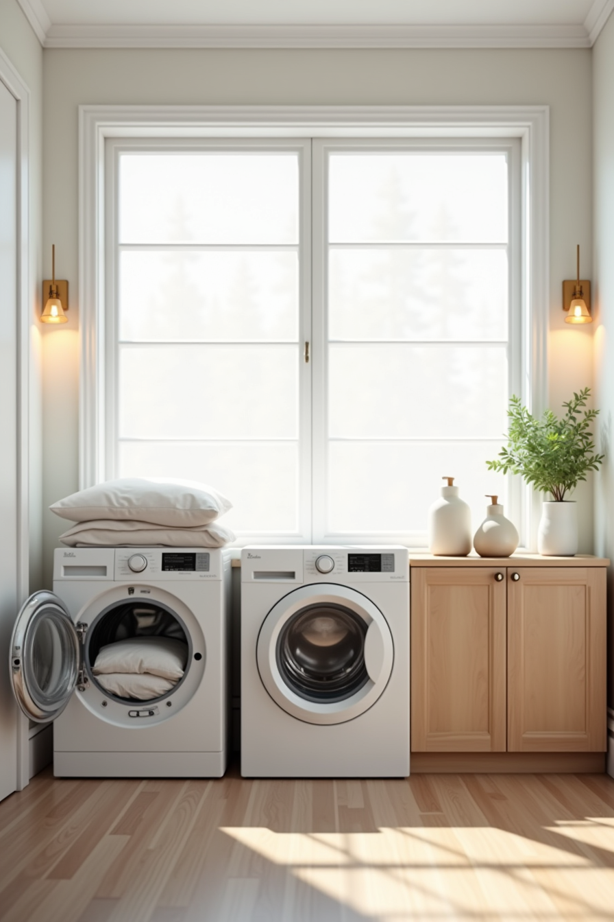Laundry room displaying sheets in washing machine, dryer loaded with bedding, and folded duvet with detergent.