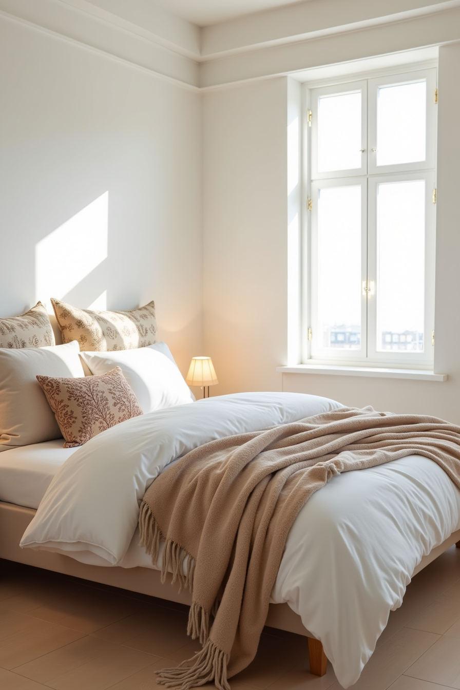 Layered bed corner with throw blanket, throw pillows, flat sheet, and duvet cover arranged for styling.