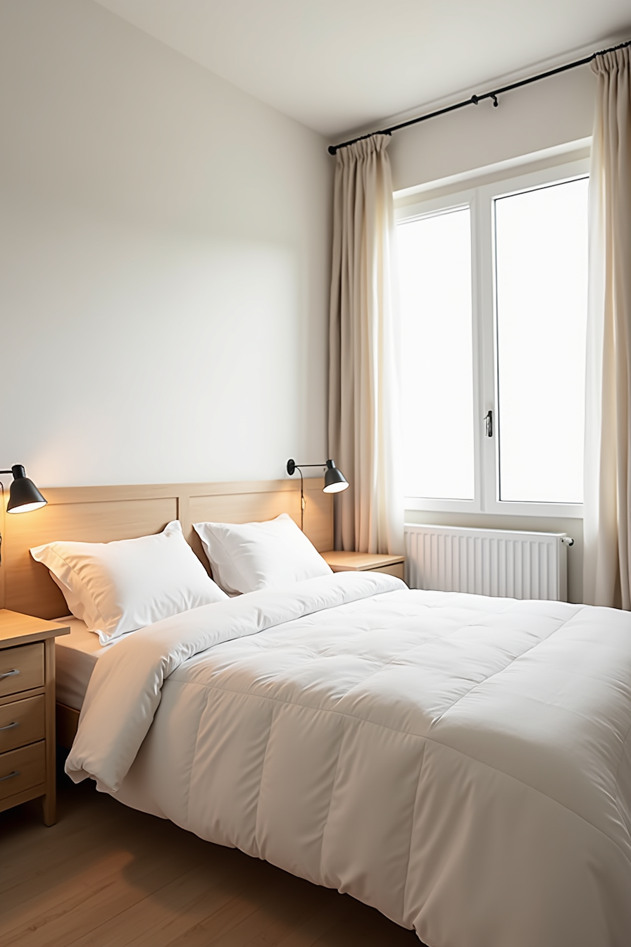 Queen bed with fitted duvet cover and coordinated pillow shams against the headboard in a bedroom.