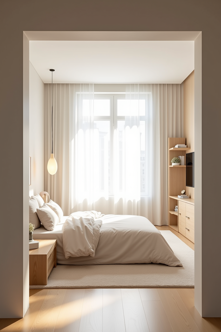 View from doorway showing bed perpendicular to wall, floor lamp, storage bench, and low bookshelf with clear sightlines.