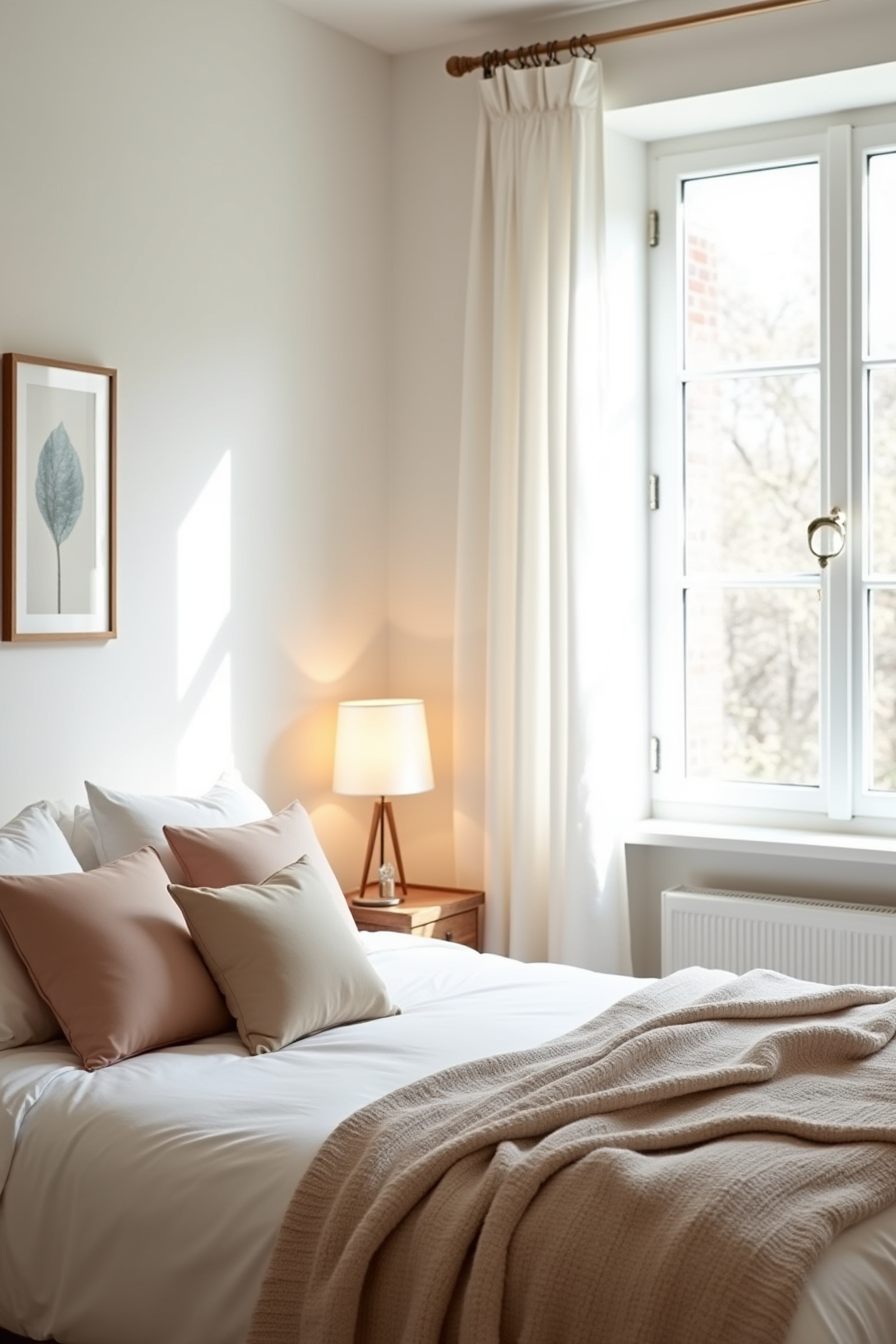 Bed corner with coordinating throw pillows in three colors, textured blanket at foot, and framed print above headboard.