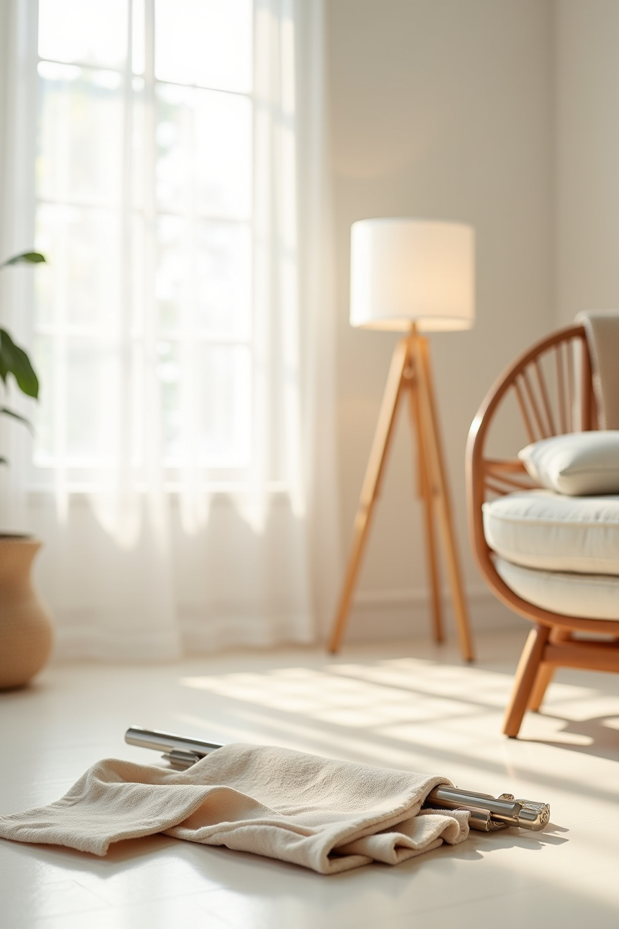Fabric swatch, wooden chair leg, metal curtain rod, and cleaning cloth displayed side by side on a neutral background.