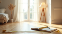 Measuring tape laid across bedroom floor with notebook and pen showing dimension notes near a doorway.