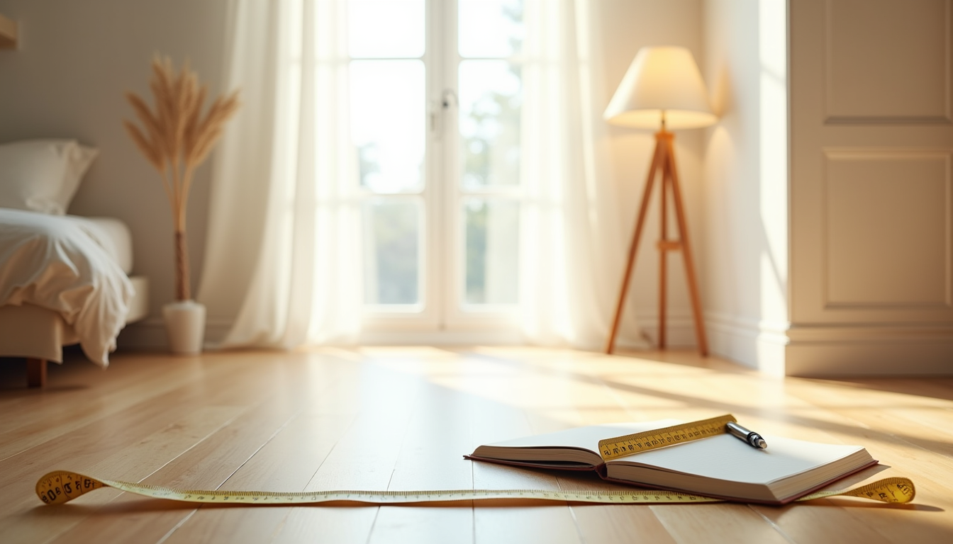 Measuring tape laid across bedroom floor with notebook and pen showing dimension notes near a doorway.
