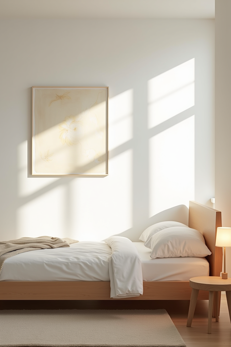 Bed with headboard, proportional nightstand, rug underneath, and wall-mounted artwork above.