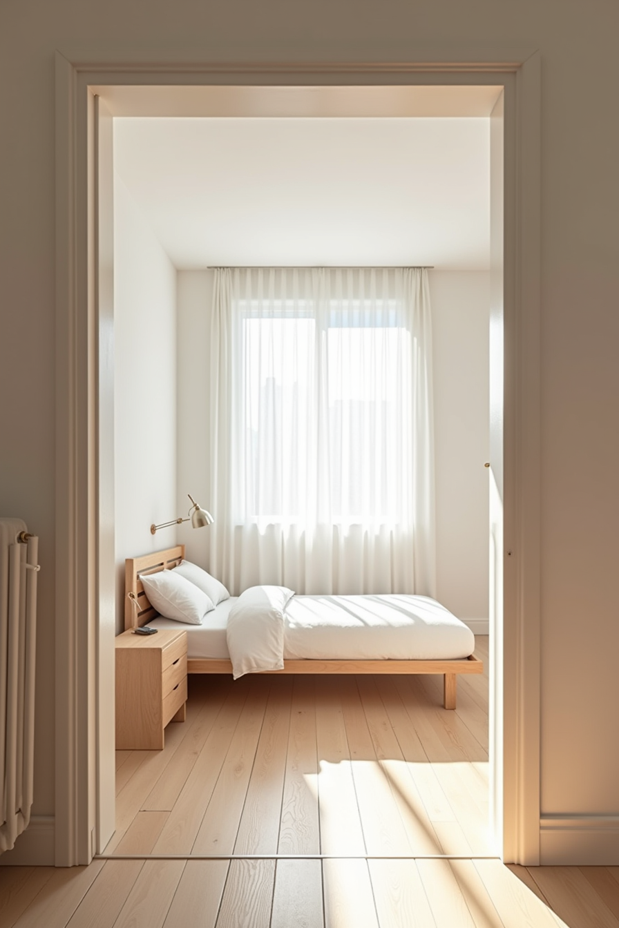 Small bedroom with bed, nightstand, and dresser positioned to maintain a clear walking path from door to window.