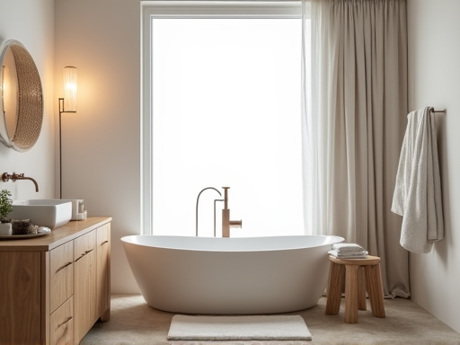 Calm bathroom with freestanding tub and natural stone tile