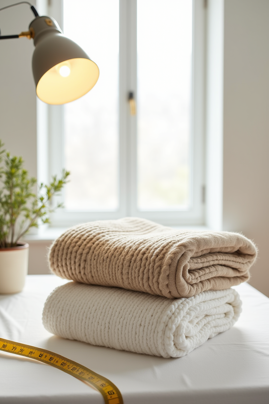 Three folded blankets in cream linen, oatmeal wool, and white cotton displayed with care tags and a tape measure showing