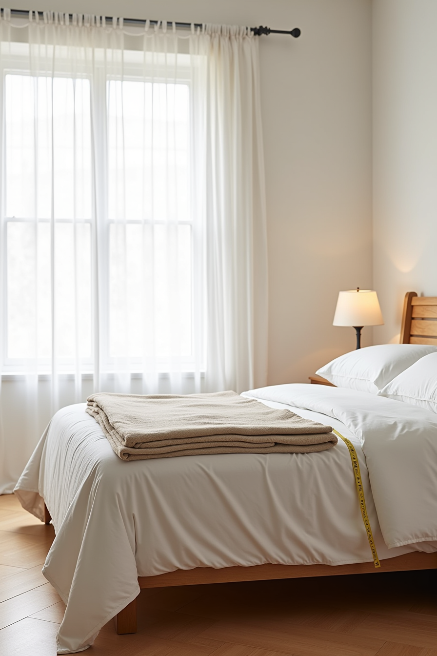 King bed layered with a fitted sheet, cotton blanket, and centered throw blanket with measuring tape indicating proper
