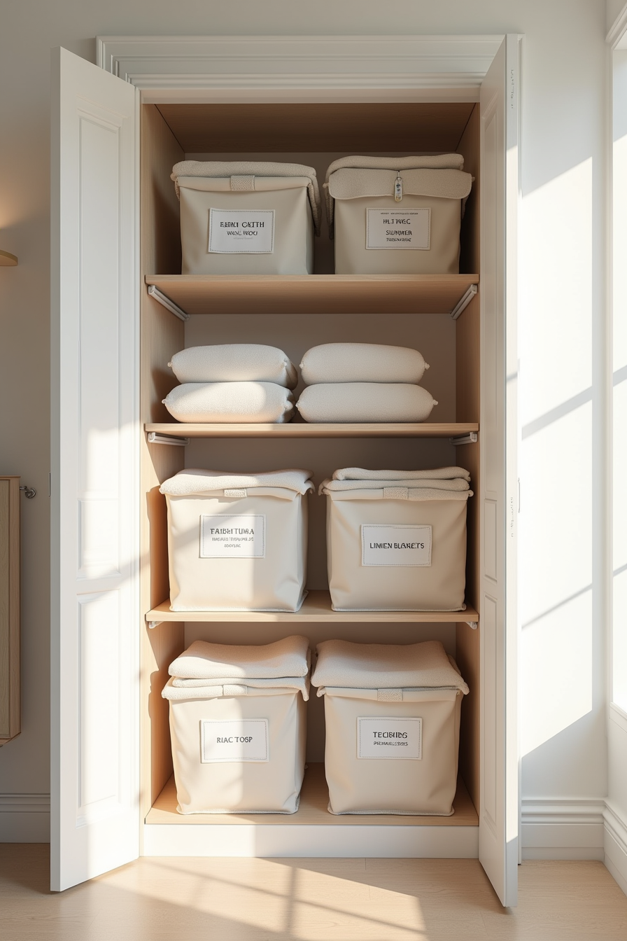 Closet shelving with four labeled fabric bins containing winter, summer, transitional, and specialty blankets, plus three