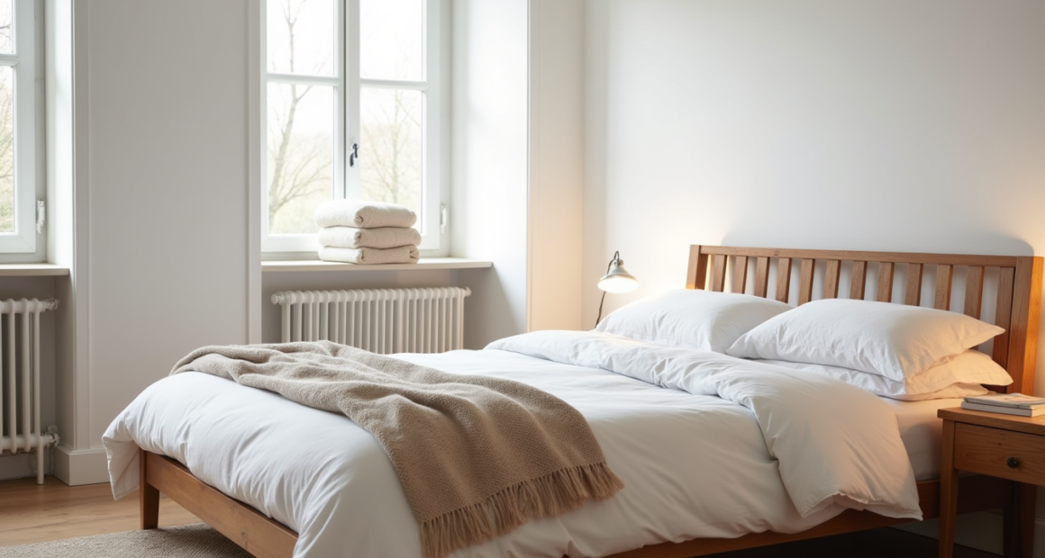 Queen bed styled with a linen duvet, wool throw at the footboard, cotton blanket on the headboard rail, and rolled blankets