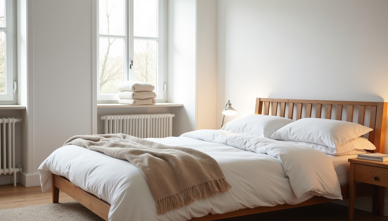 Queen bed styled with a linen duvet, wool throw at the footboard, cotton blanket on the headboard rail, and rolled blankets