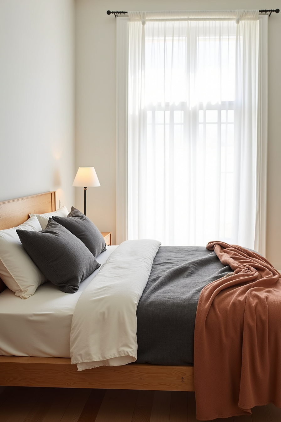 Three blanket layers arranged on a bed: cream linen sheet, charcoal merino wool blanket, and rust linen throw over one