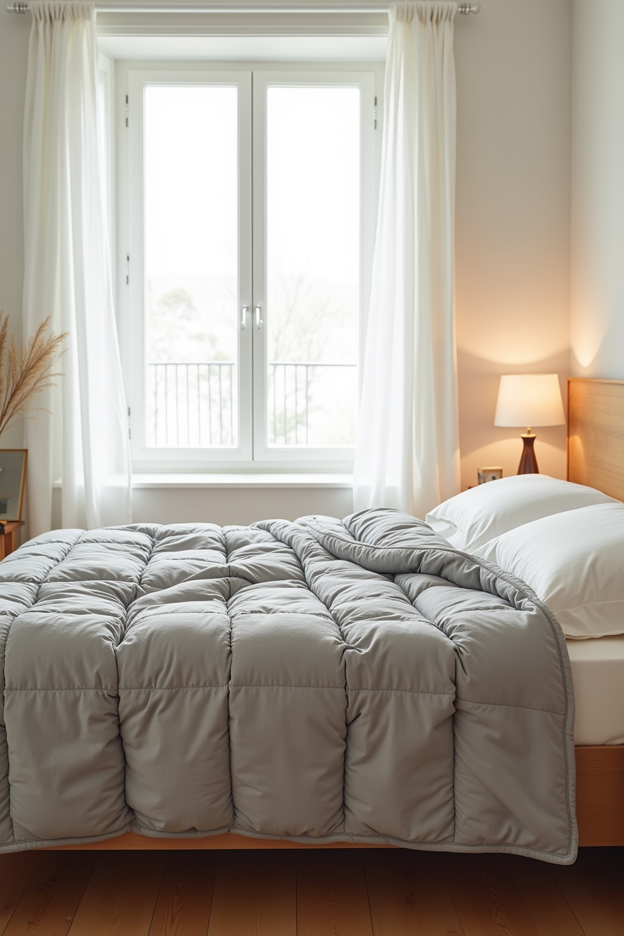 Twin bed covered with a gray quilted weighted blanket hanging evenly on all sides, with a cotton sheet visible at the pillow.