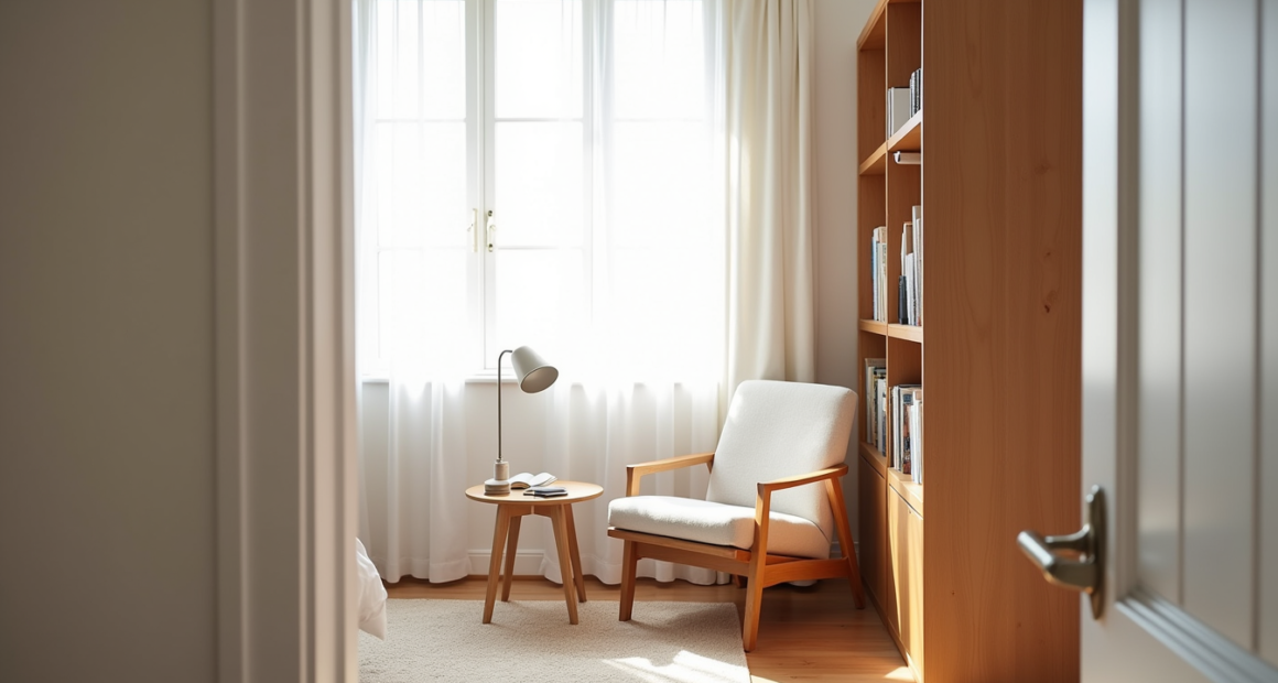 Wooden-armed accent chair next to bookshelf with lamp and book on side table, seen from doorway.