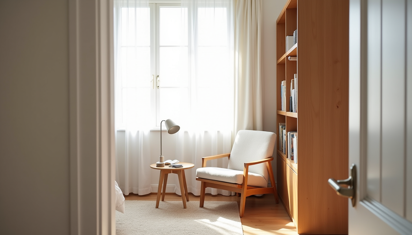 Wooden-armed accent chair next to bookshelf with lamp and book on side table, seen from doorway.