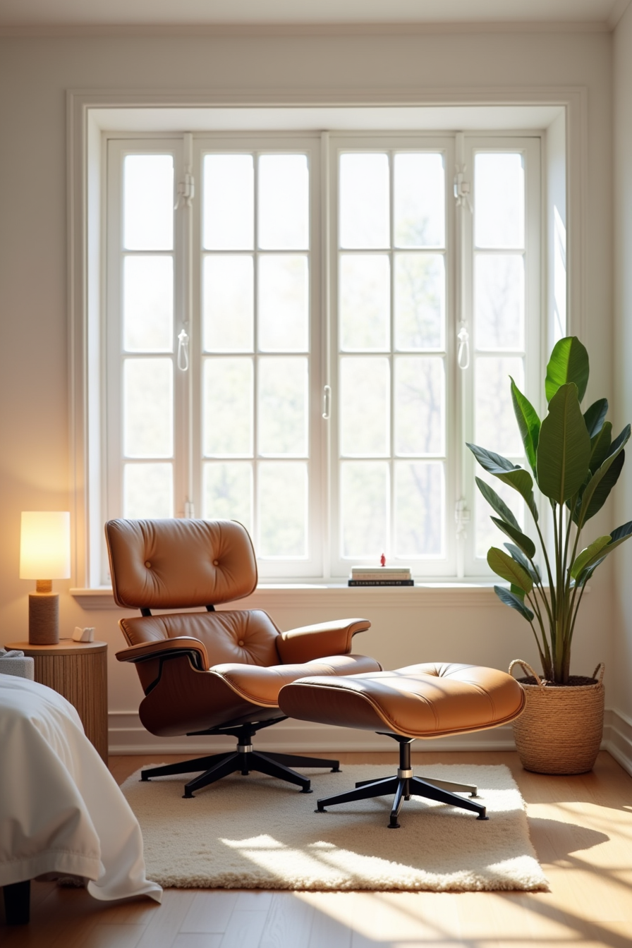 Leather lounge chair and ottoman with stacked books, positioned beside tall potted plant.