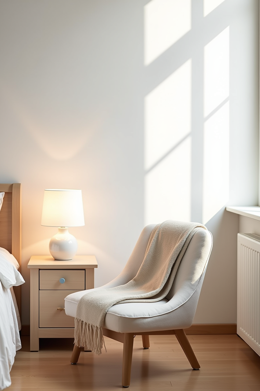 Compact slipper chair with draped blanket positioned next to nightstand, viewed from bed foot.