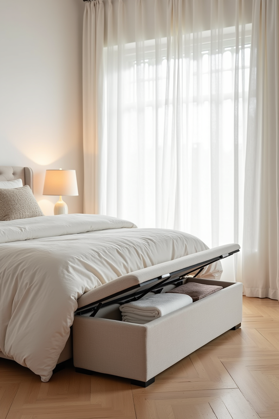 Storage bench at bed's foot with open lid showing linens inside and pillows on top.