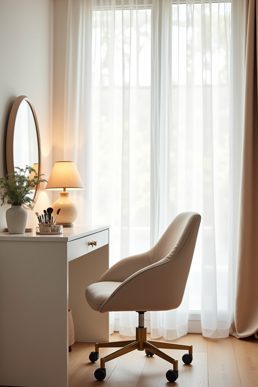 Rolling vanity chair at dressing table with oval mirror, makeup brushes, and jewelry tray visible.