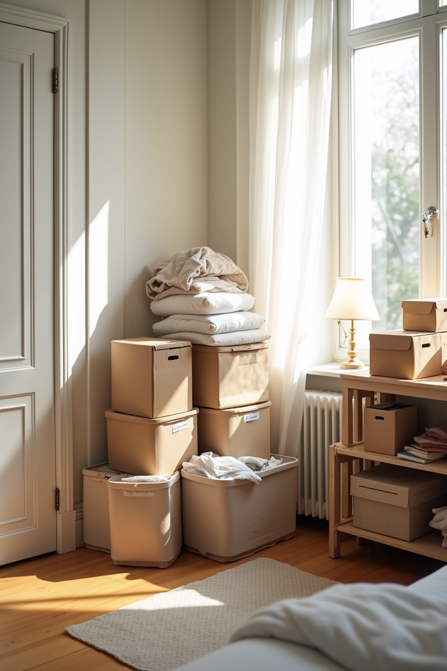 Cluttered corner with overstuffed bins by vent, boxes blocking door, and overloaded sagging shelf.