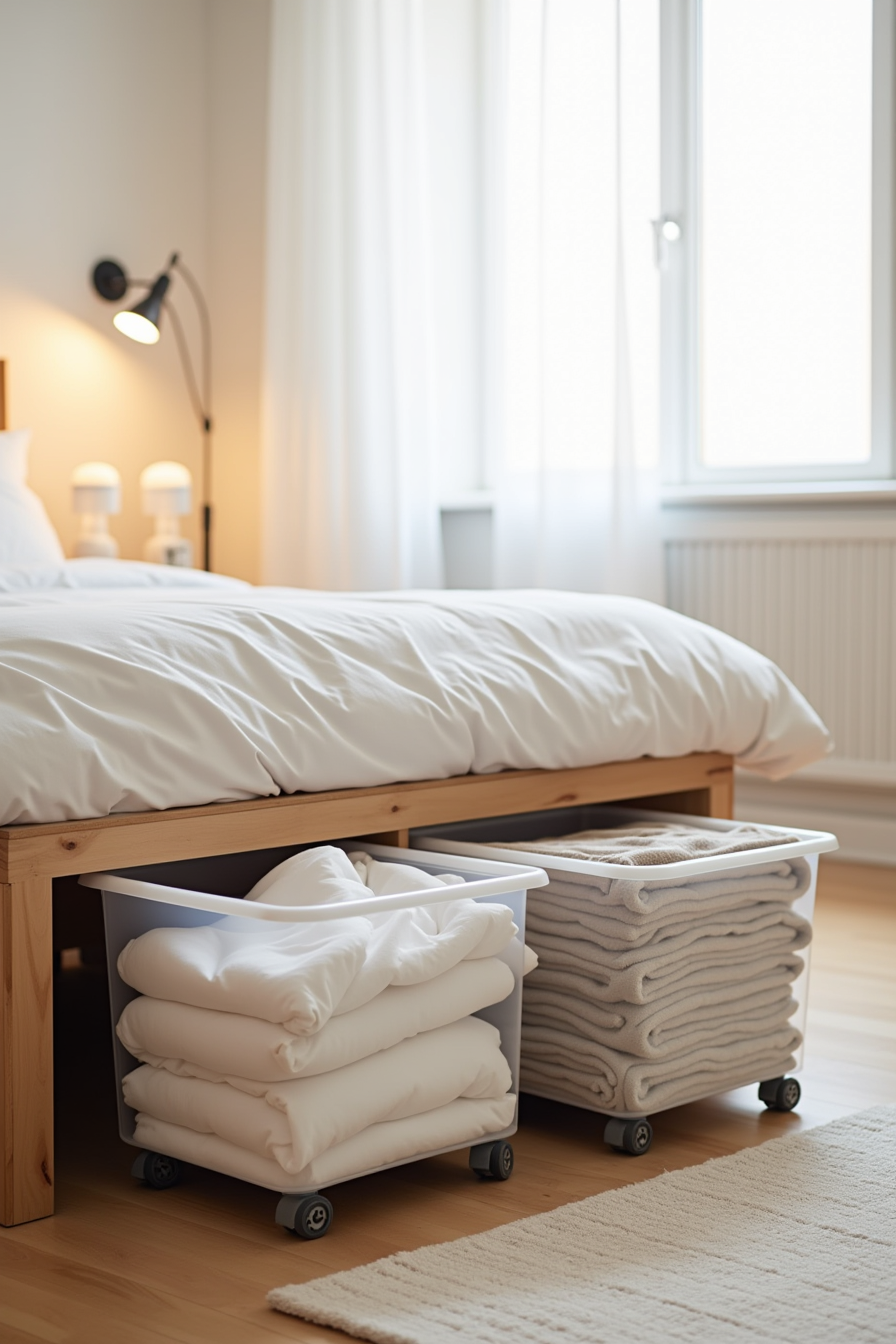Under-bed storage bins on wheels holding folded linens and seasonal clothes beneath platform frame.