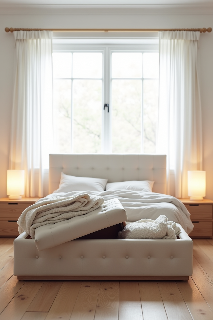 Tufted ottoman with open lid showing blankets, beside bed frame with pull-out storage drawers.