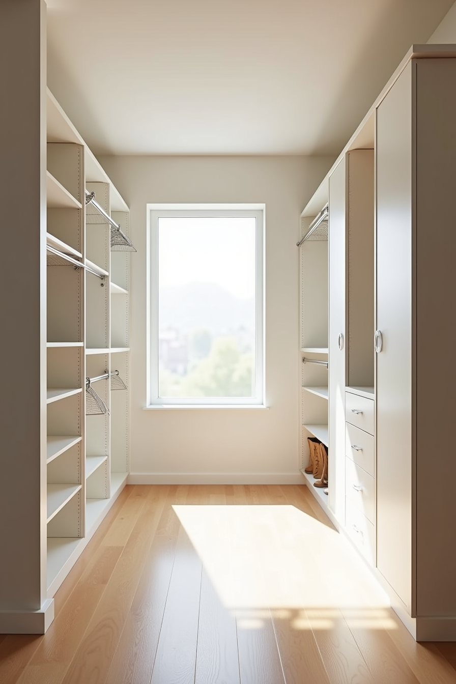 Reach-in closet with wire shelves, laminate towers, hanging rods, shoe racks, and dividers.