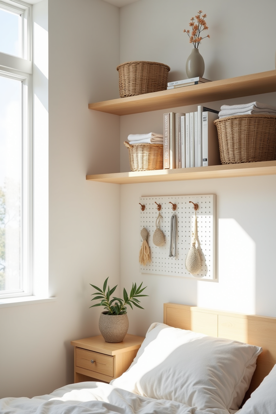 Wooden shelves with sweaters and baskets next to pegboard with hooks for bedroom wall storage.