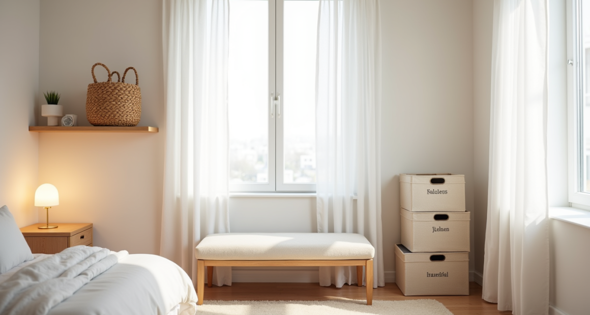 Corner setup with basket on shelf, storage bench, fabric bins next to nightstand for bedroom organization.