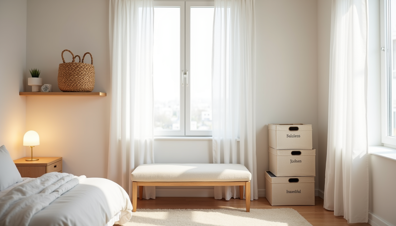 Corner setup with basket on shelf, storage bench, fabric bins next to nightstand for bedroom organization.