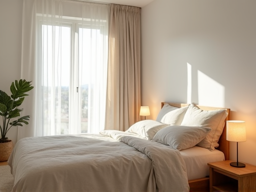 Serene bedroom with linen bedding and warm wood nightstand