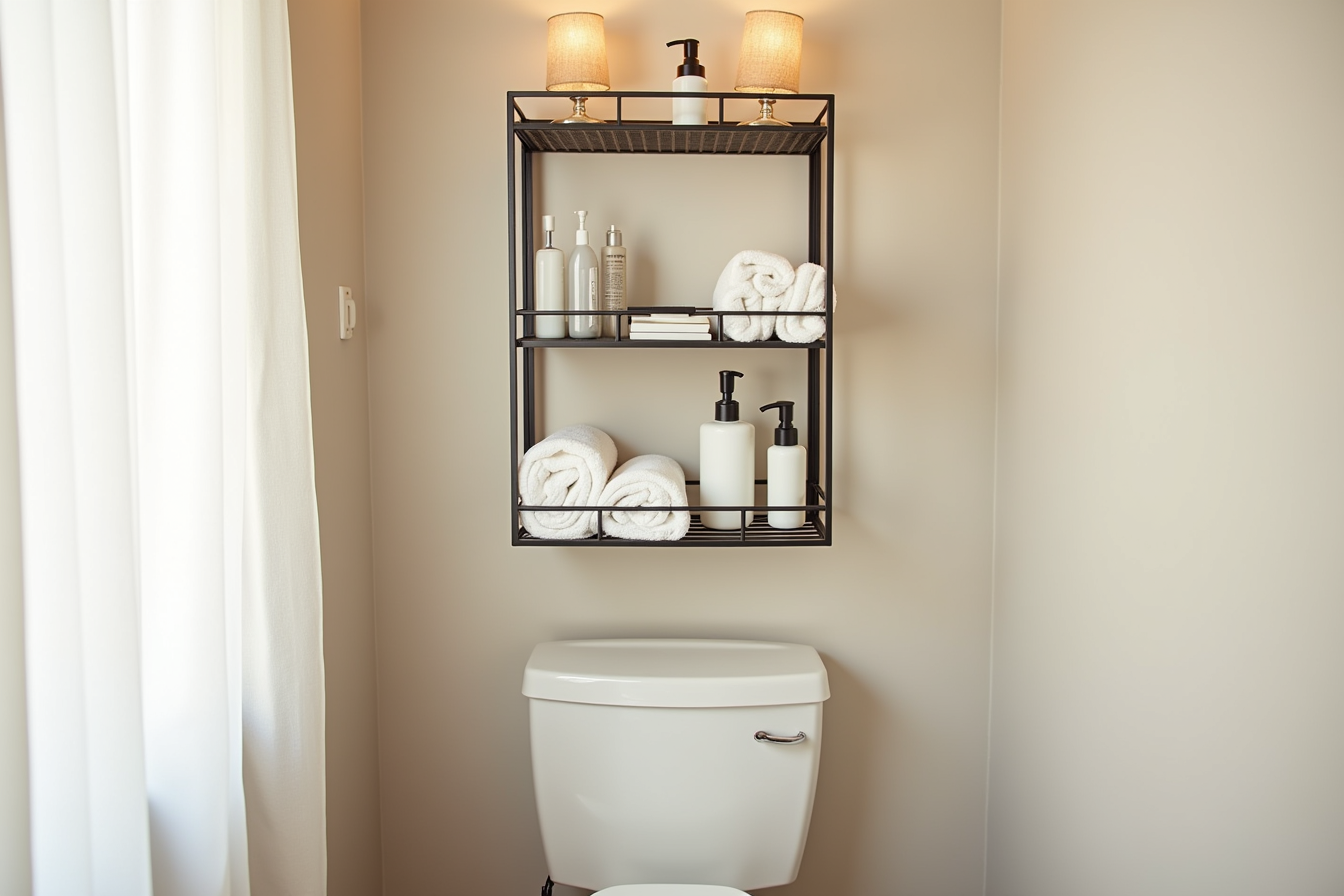 Metal rack above toilet holds rolled towels, soap dispensers, and toiletries on multiple shelves.