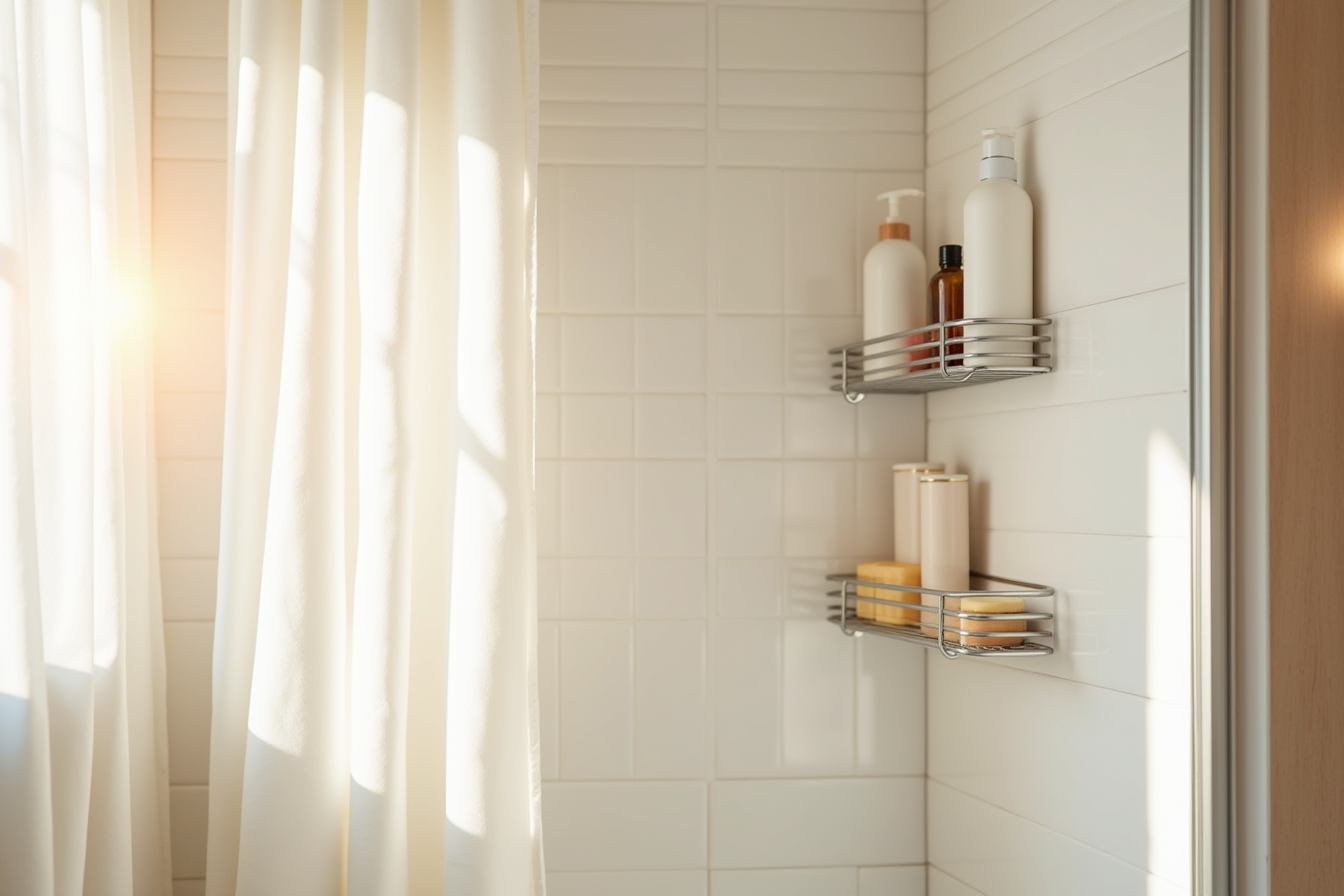 Adhesive shower caddy on white tile wall holds bottles and shower products within reach.