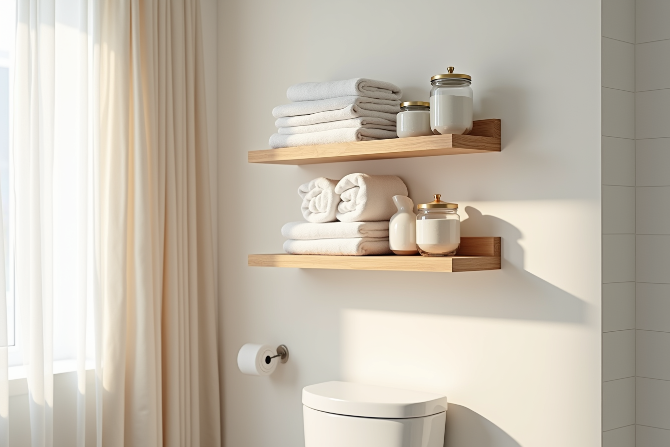 Two floating shelves above toilet display stacked towels, glass jars, and decorative containers.