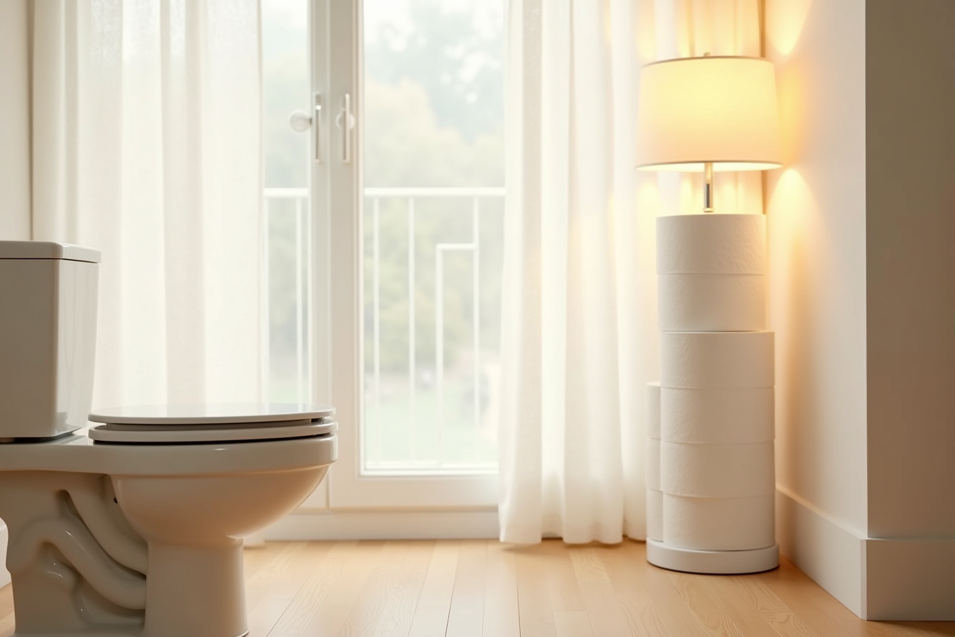 Compact freestanding paper holder beside toilet stores multiple rolls stacked vertically.